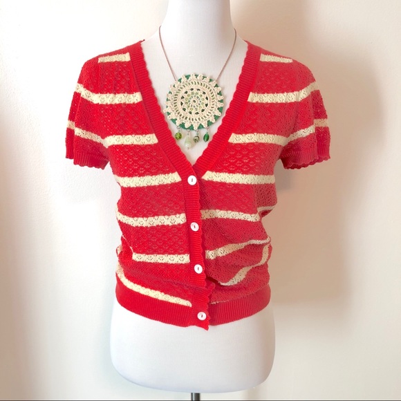 Modcloth Sweaters - Red & Cream Striped Shirt Sleeve Cardi